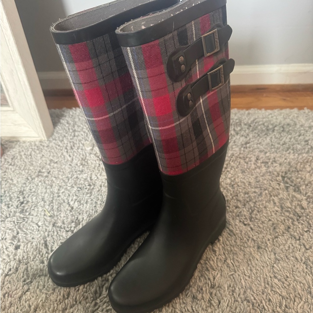Plaid Black and Red Women's Rain Boots